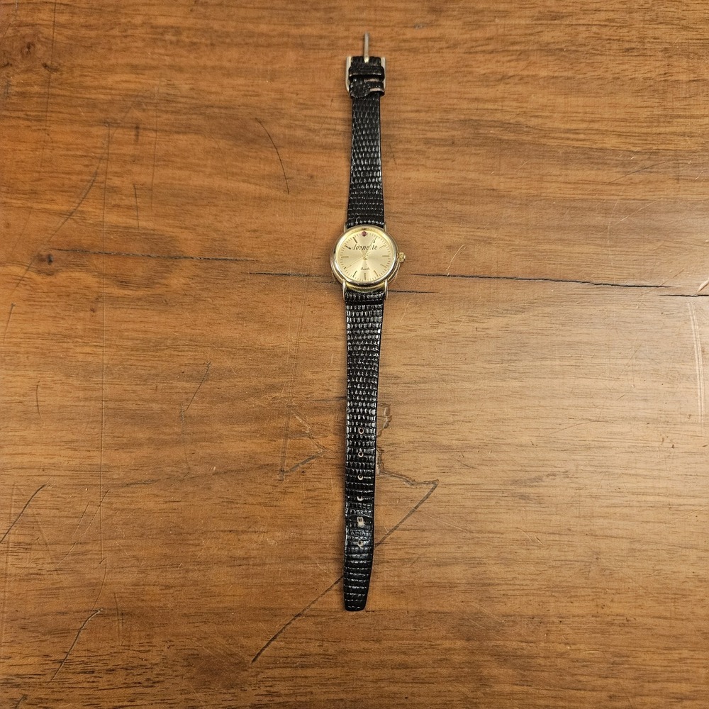 Jeanette Quartz Watch Gold Tone Black Textured Band Buckle Gold Bezel - Picture 2 of 3